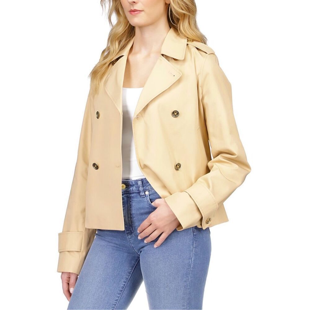 NWT Michael Kors Women's Long Sleeve Double Breasted cropped Trench PeaCoat beig